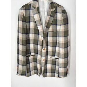 Tallia Mens Linen Plaid Blazer 44L Sport Coat Lightweight Jacket Resort Preppy